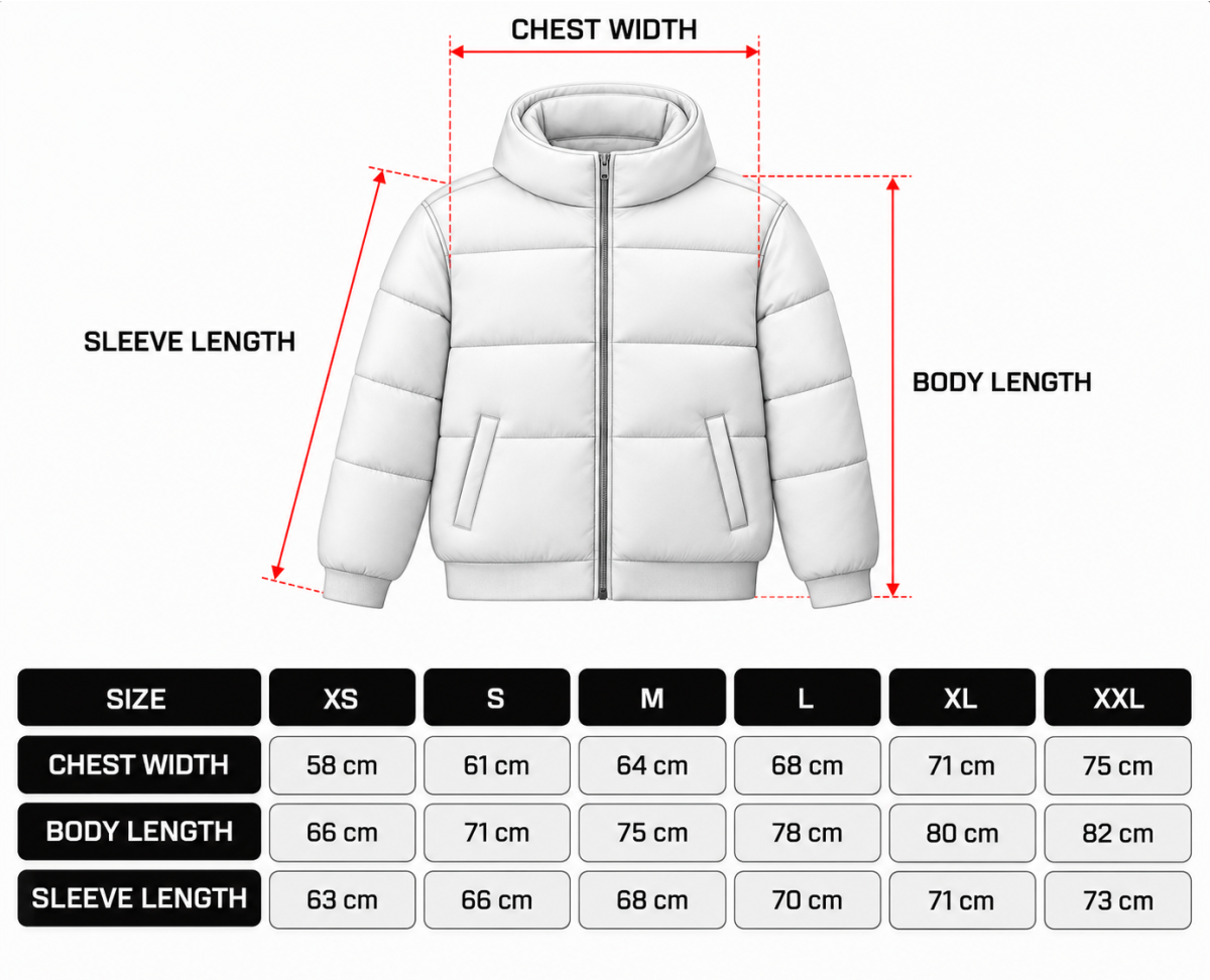 Jacket size chart with chest width, body length and sleeve length measurements